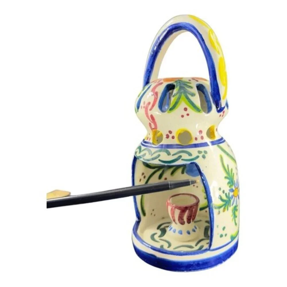 Folk‎ Art Pottery Candle Holder W Handle Votive Hand Painted Made In Spain Vtg
